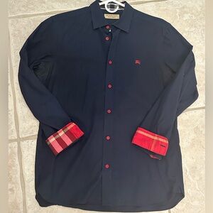 Burberry Navy Blue Shirt with Red Plaid Accents